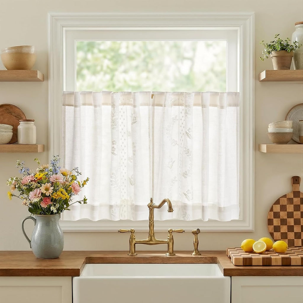 White Floral Linen Kitchen Curtains