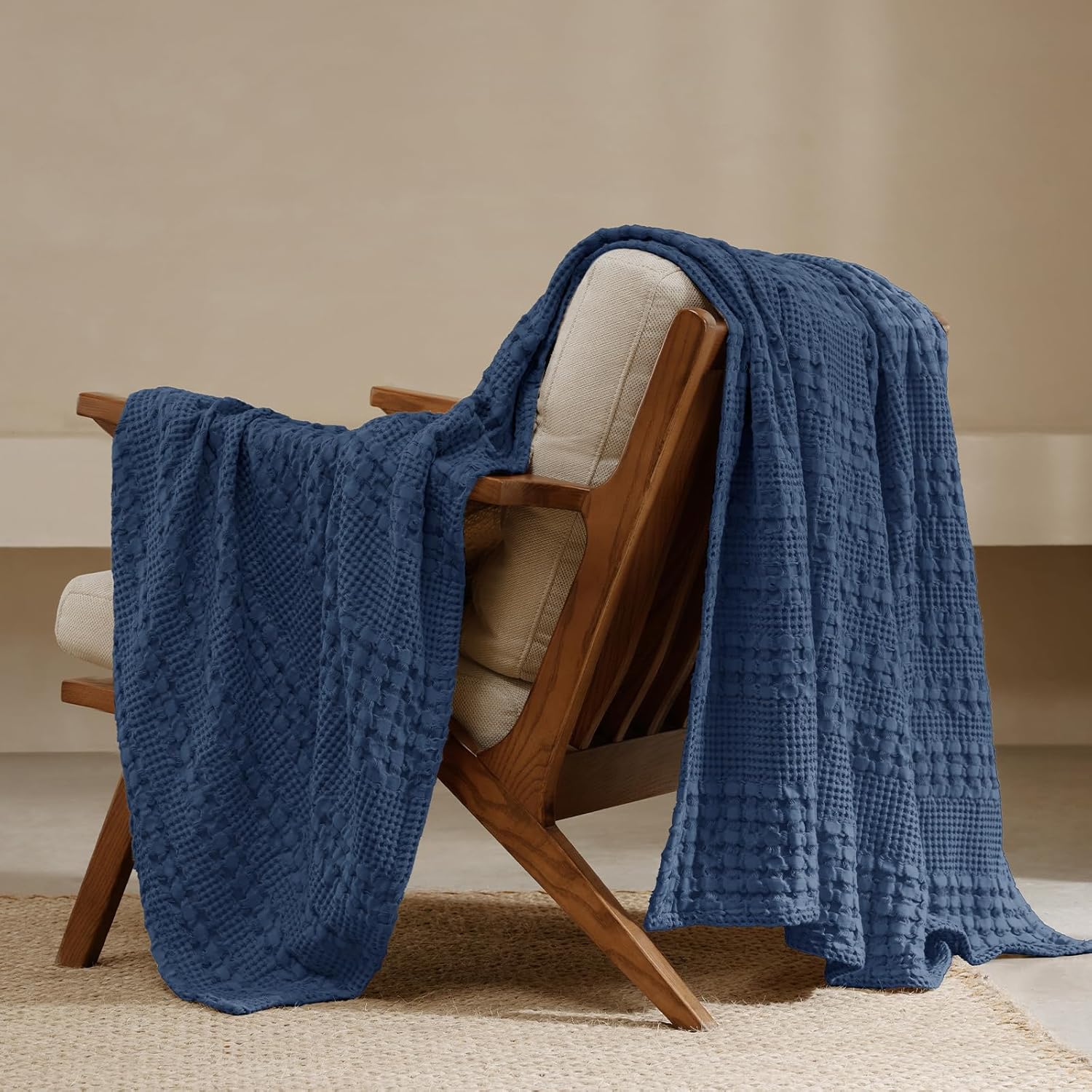 Navy Cotton Waffle Decor Throw Blanket