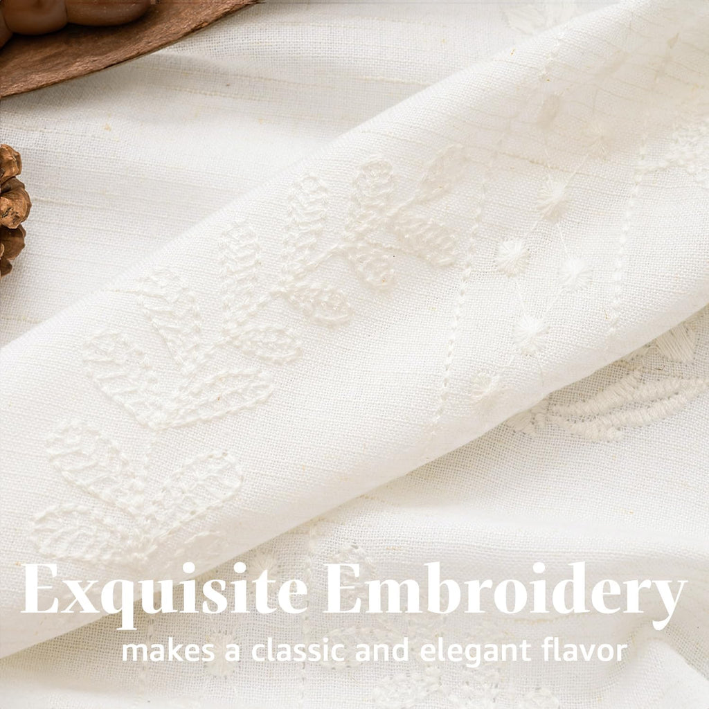 White Floral Linen Kitchen Curtains