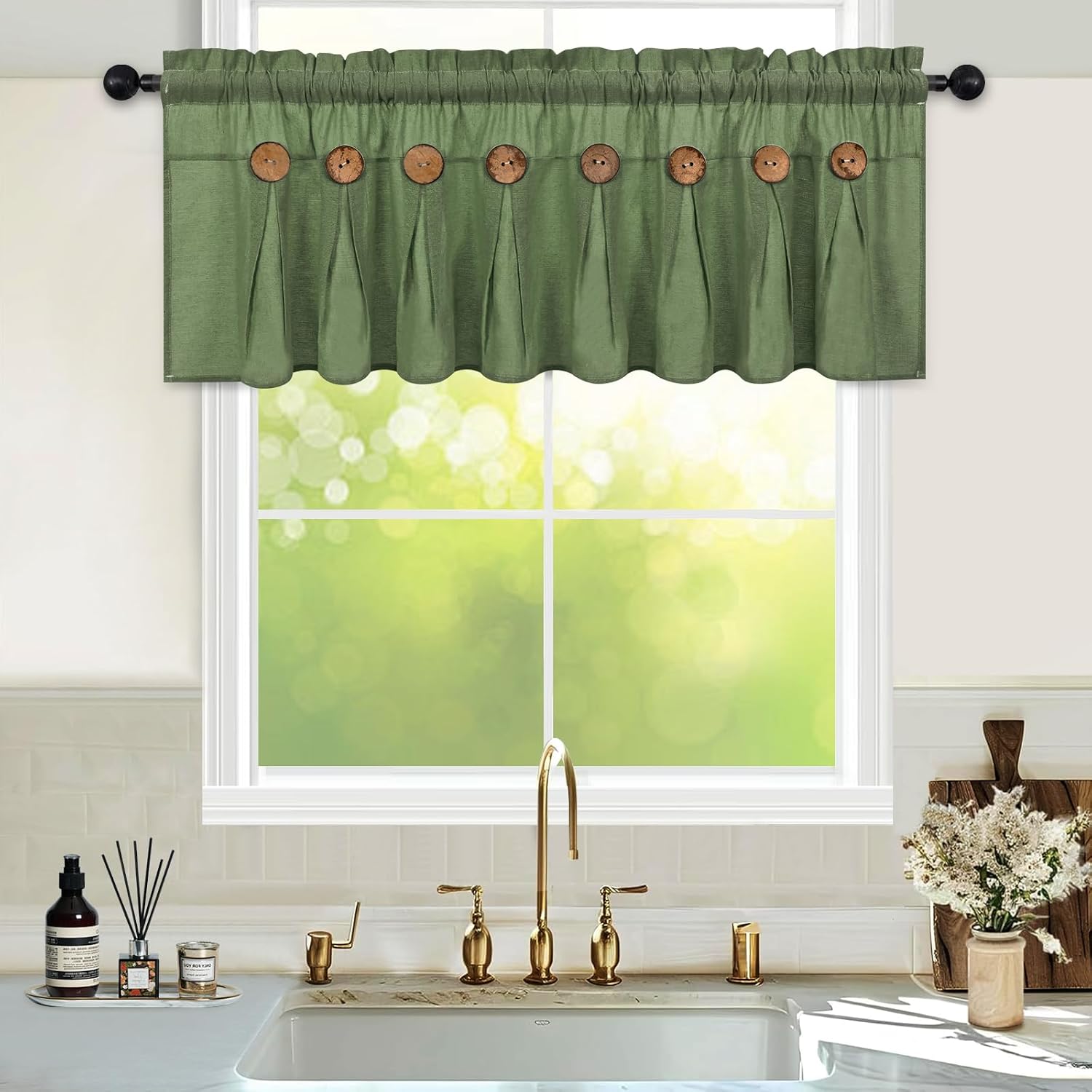 Olive Button Cotton Linen Valance