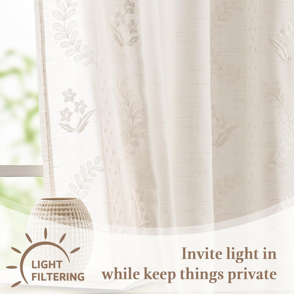 White Floral Linen Kitchen Curtains