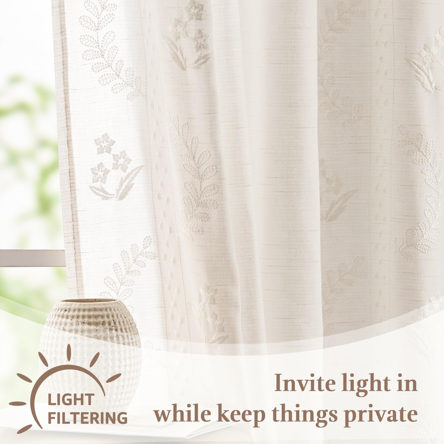 White Floral Linen Kitchen Curtains