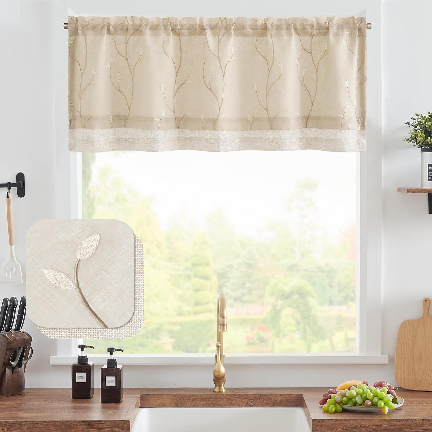 Beige Embroidered Linen Window Valance