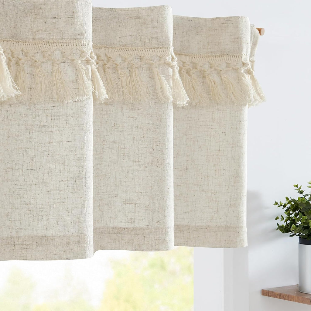 Beige Tassel Boho Linen Window Valance