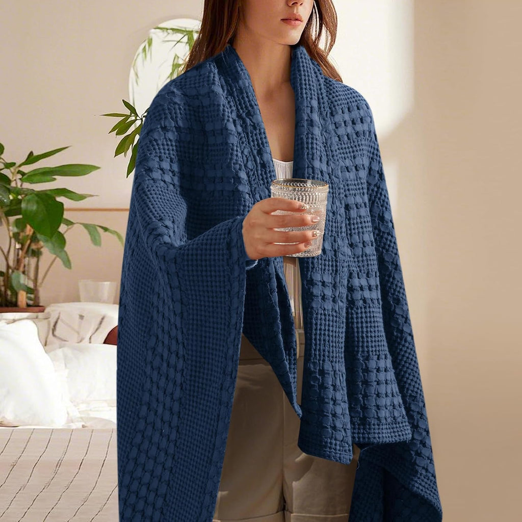 Navy Cotton Waffle Decor Throw Blanket