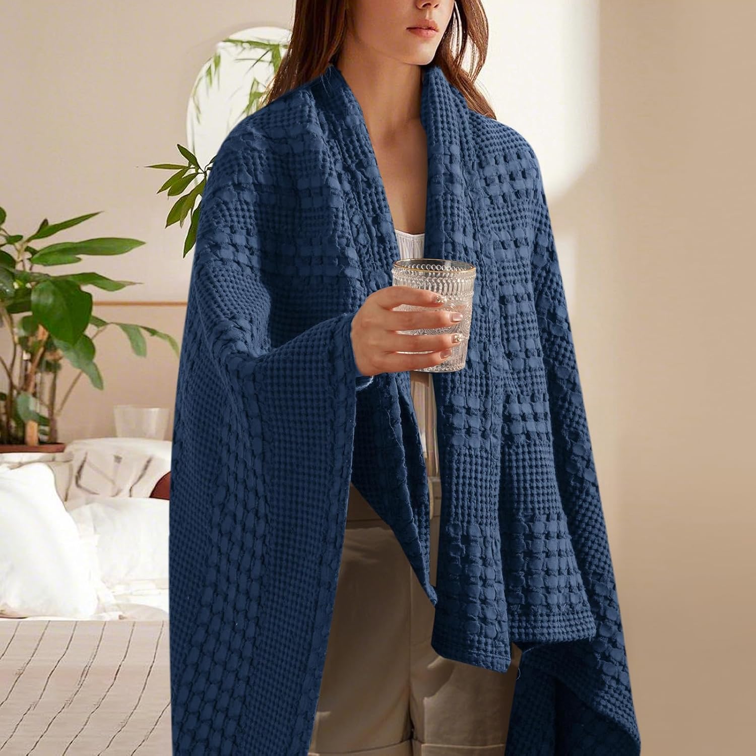 Navy Cotton Waffle Decor Throw Blanket