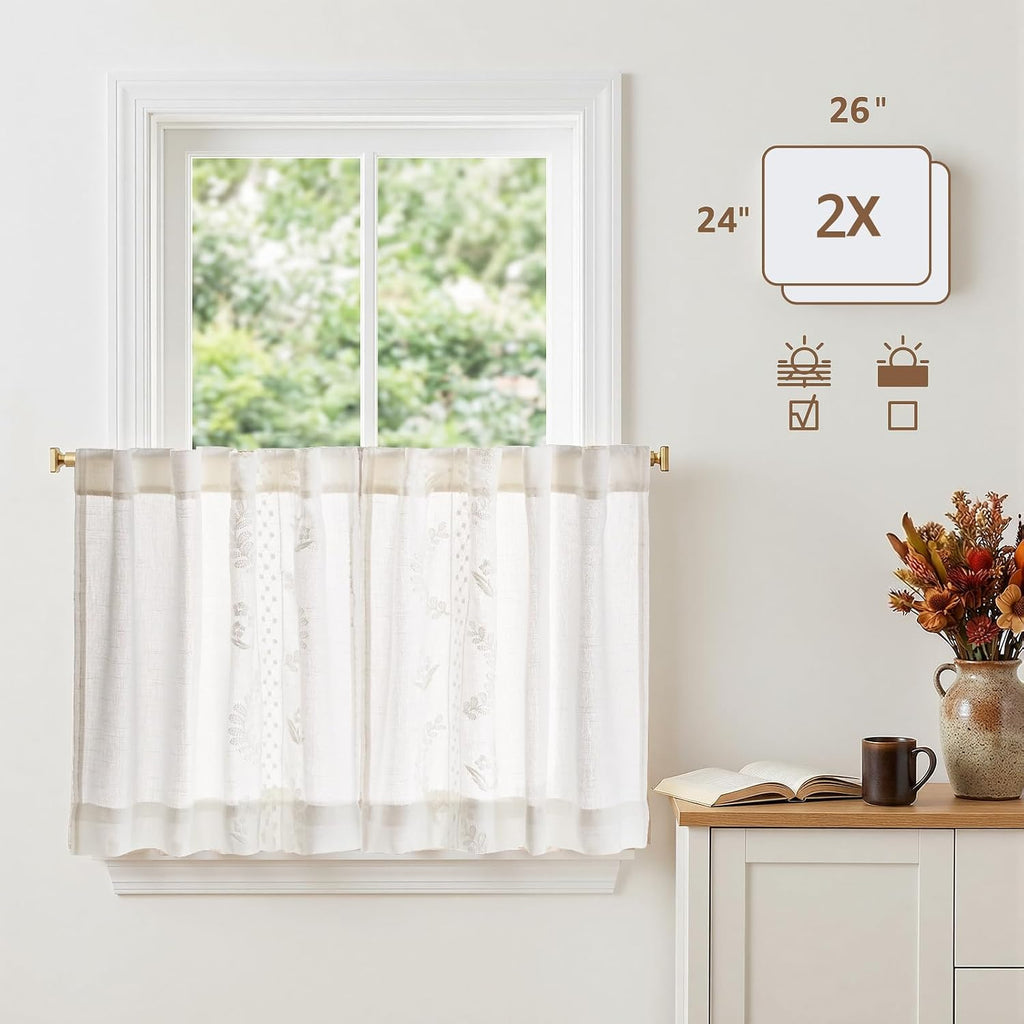 White Floral Linen Kitchen Curtains