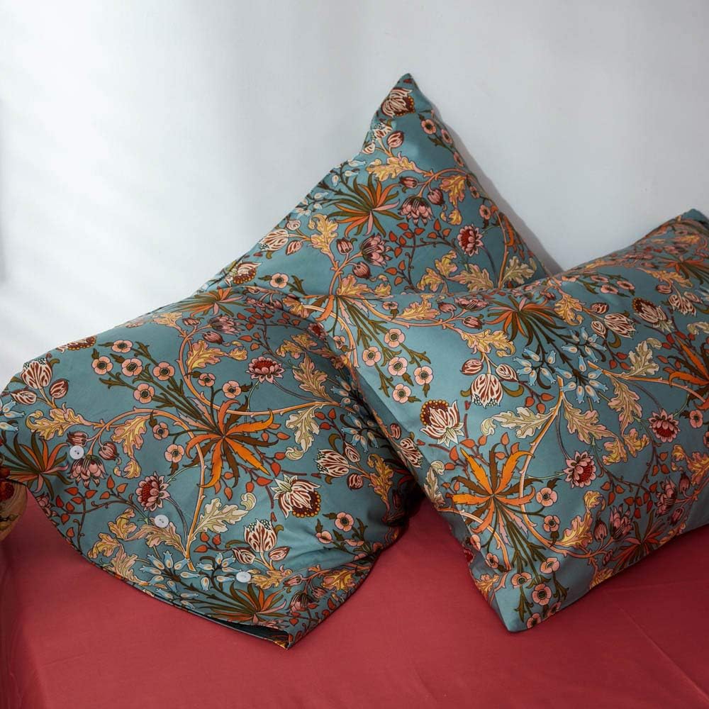 Gold Green Floral Cotton Button Pillowcases Set