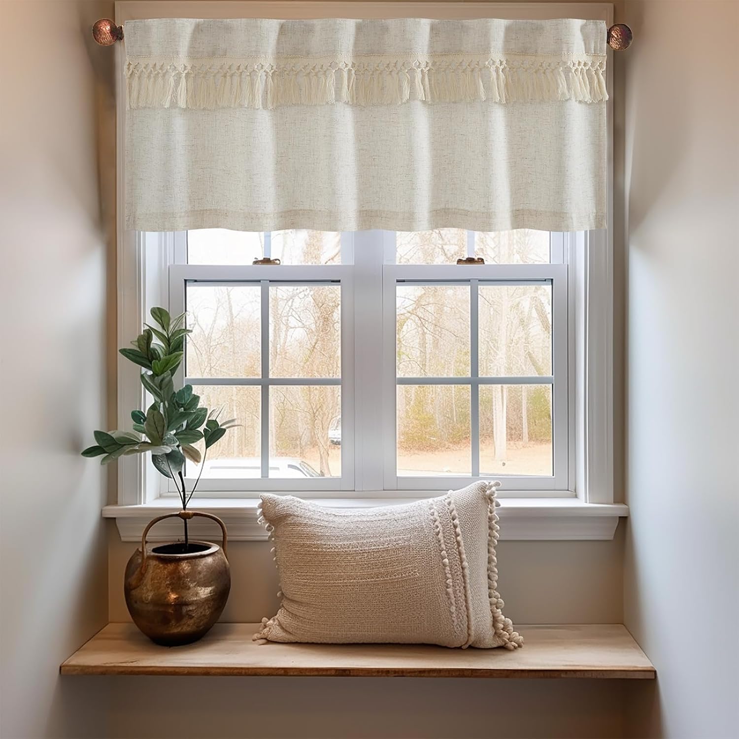 Beige Tassel Boho Linen Window Valance