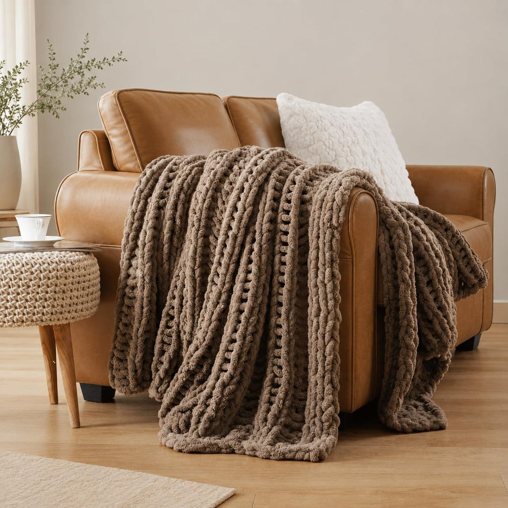 Battilo Taupe Chunky Chenille Knit Throw Blanket