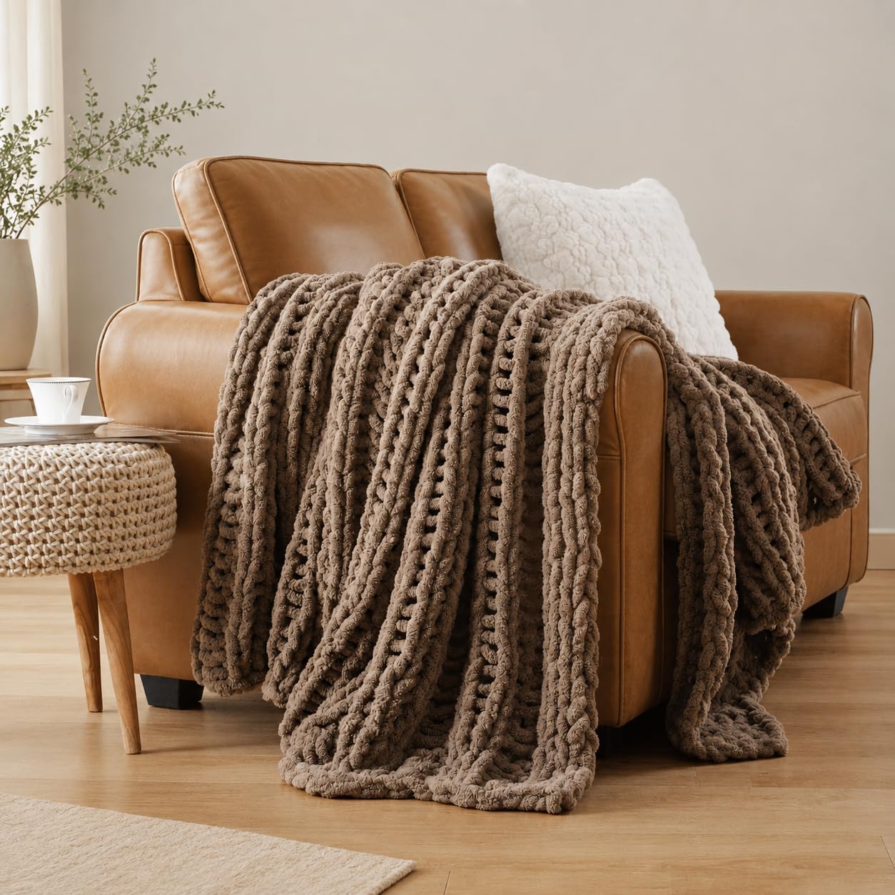 Battilo Taupe Chunky Chenille Knit Throw Blanket