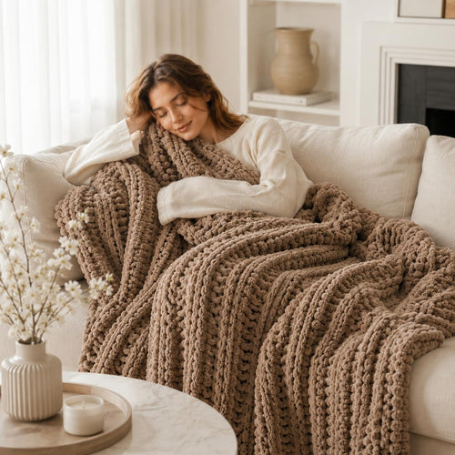 Battilo Taupe Chunky Chenille Knit Throw Blanket