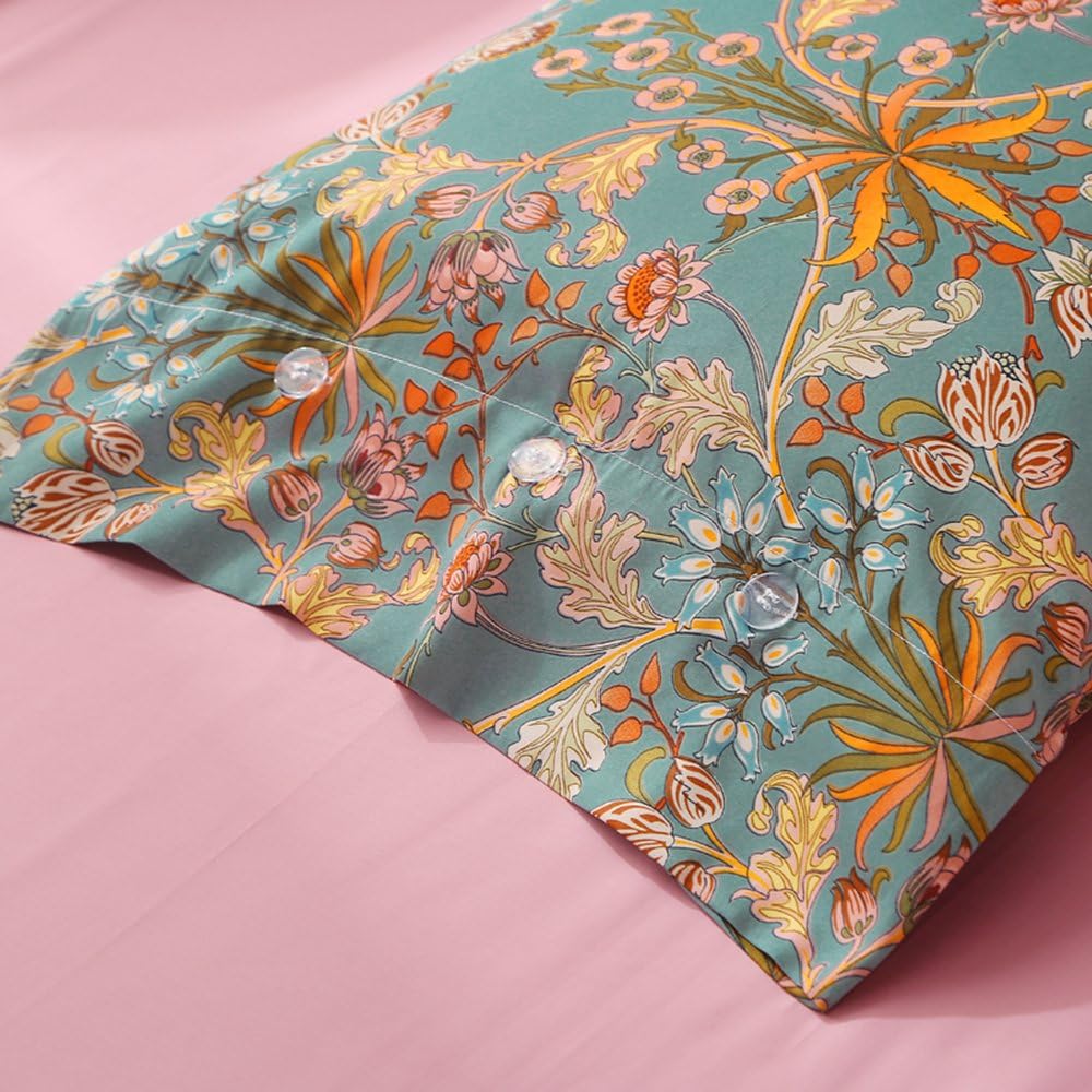 Gold Green Floral Cotton Button Pillowcases Set
