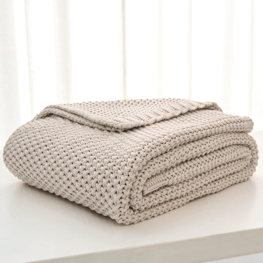 Longhui Beige Organic Cable Knit Throw Blanket