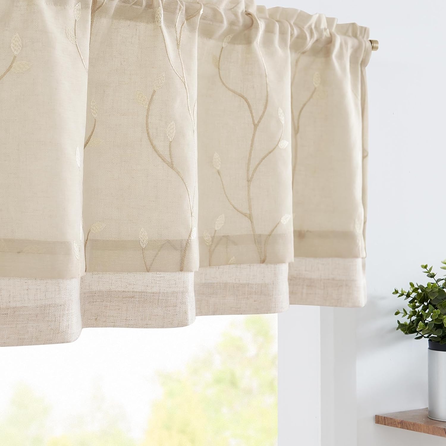 Beige Embroidered Linen Window Valance