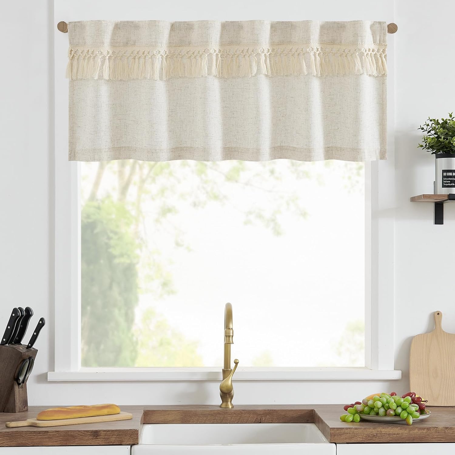 Beige Tassel Boho Linen Window Valance