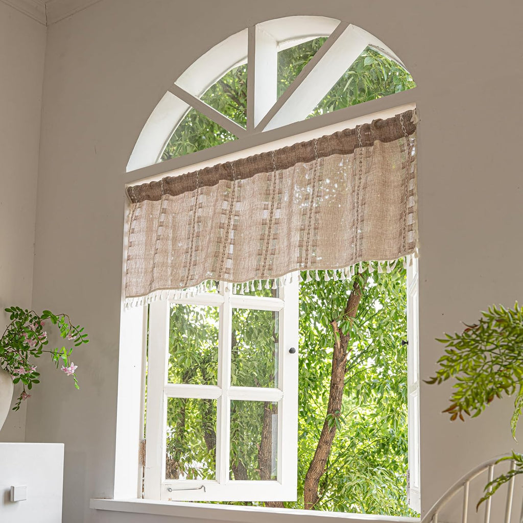 Natural Tassel Striped Linen Boho Kitchen Valance