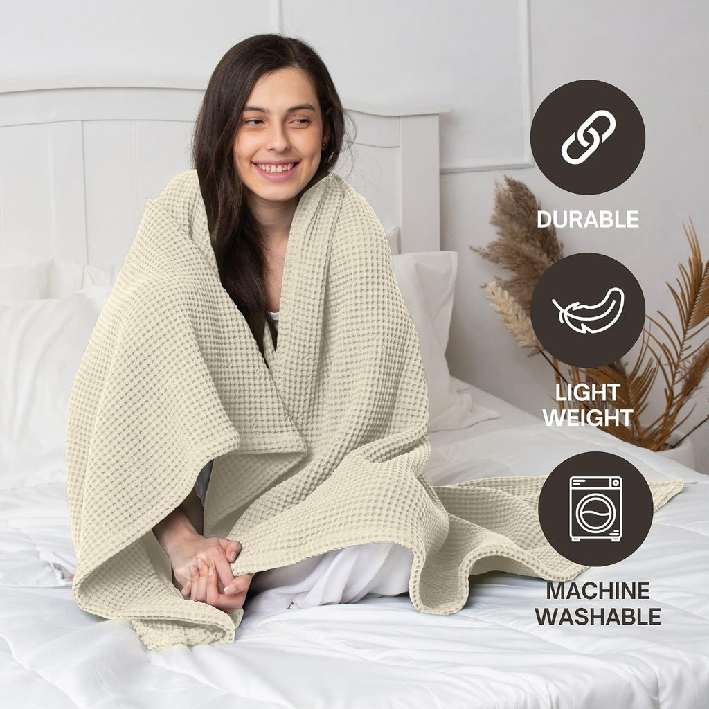 Beige Waffle Cotton Summer Couch Throw Blanket