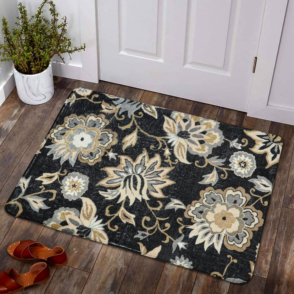 Lahome Black Floral Washable Non Slip Rug