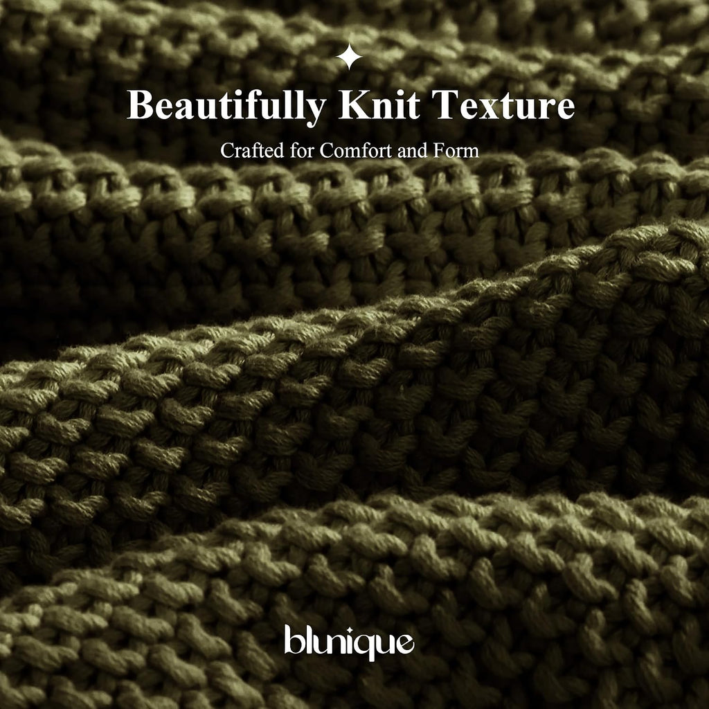 Olive Green Cable Knit Cotton Throw Blanket