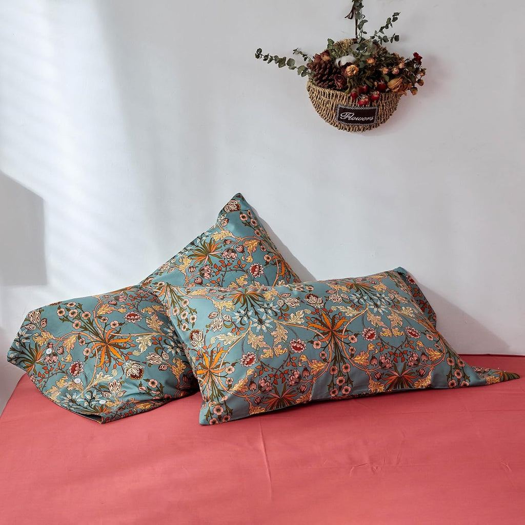 Gold Green Floral Cotton Button Pillowcases Set