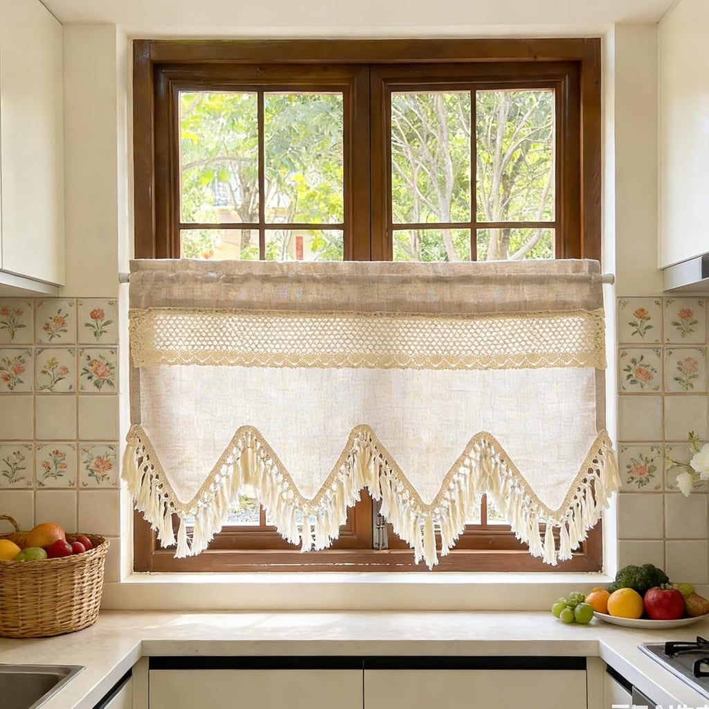 Beige Tassel Crochet Linen Boho Window Valance