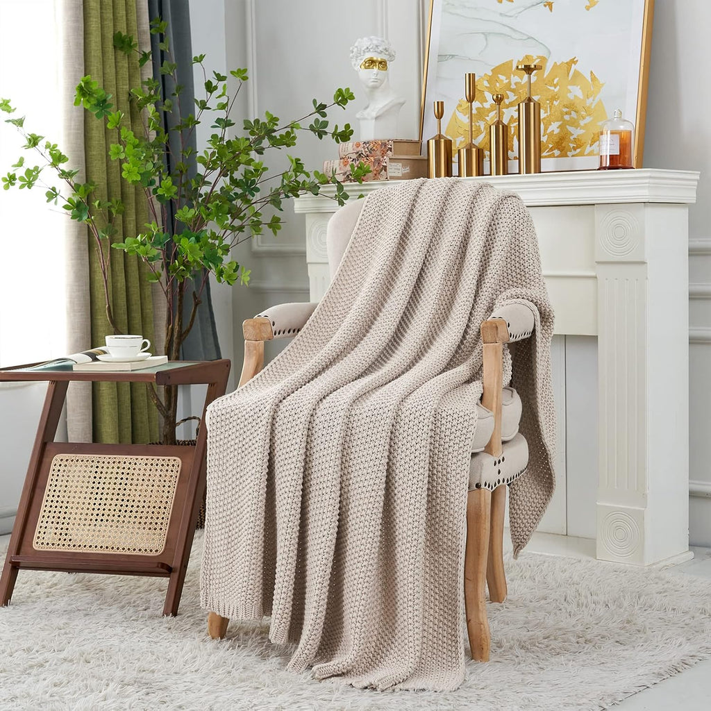 Longhui Beige Organic Cable Knit Throw Blanket