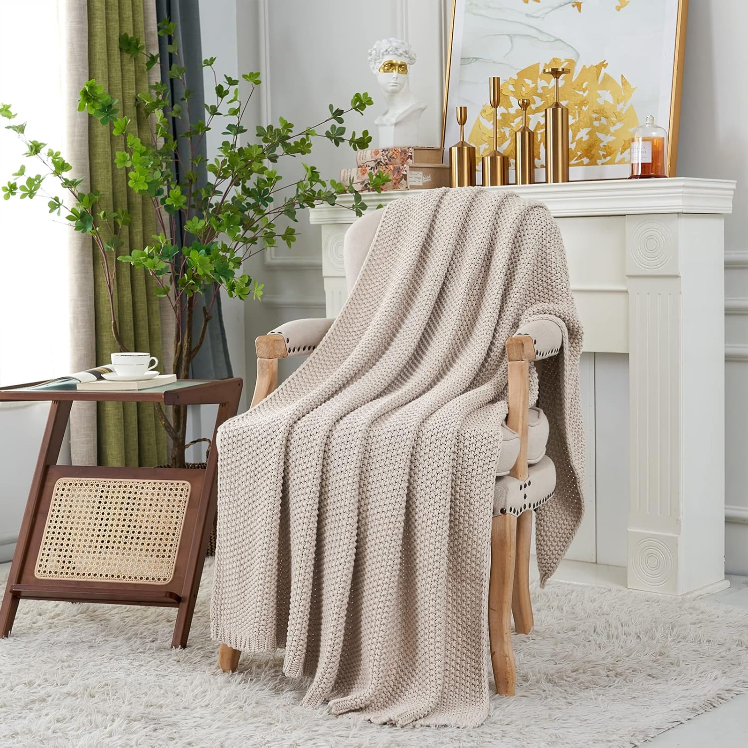 Longhui Beige Organic Cable Knit Throw Blanket