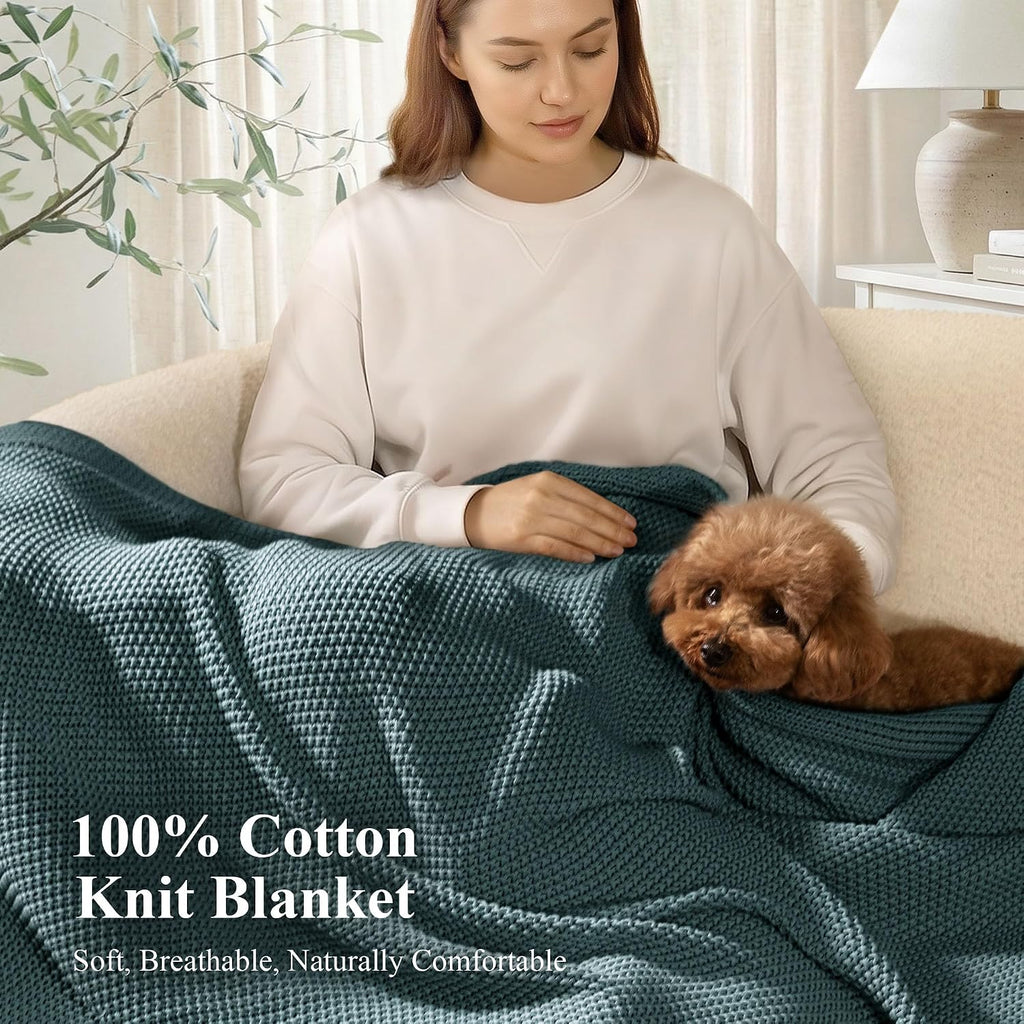 Teal Cable Knit Cotton Decor Throw Blanket