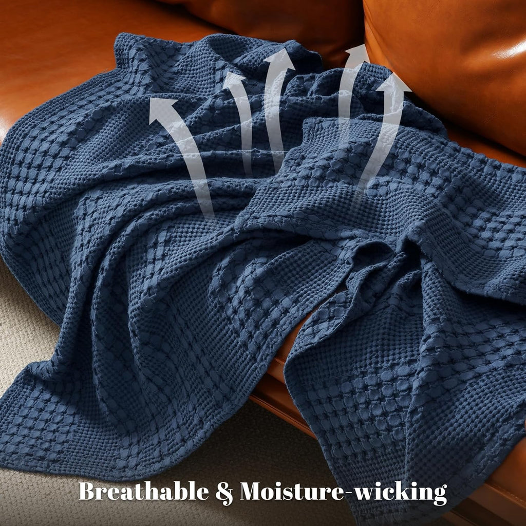 Navy Cotton Waffle Decor Throw Blanket