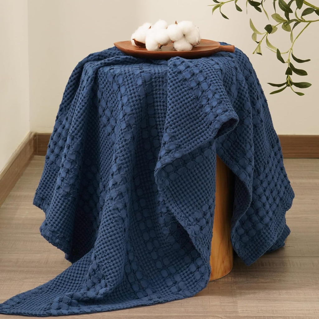 Navy Cotton Waffle Decor Throw Blanket