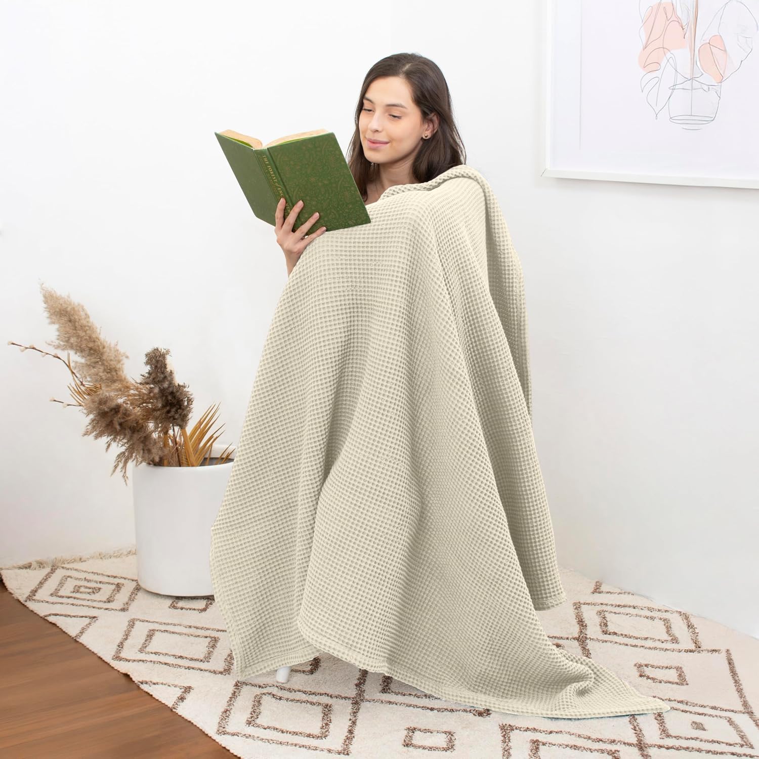 Beige Waffle Cotton Summer Couch Throw Blanket