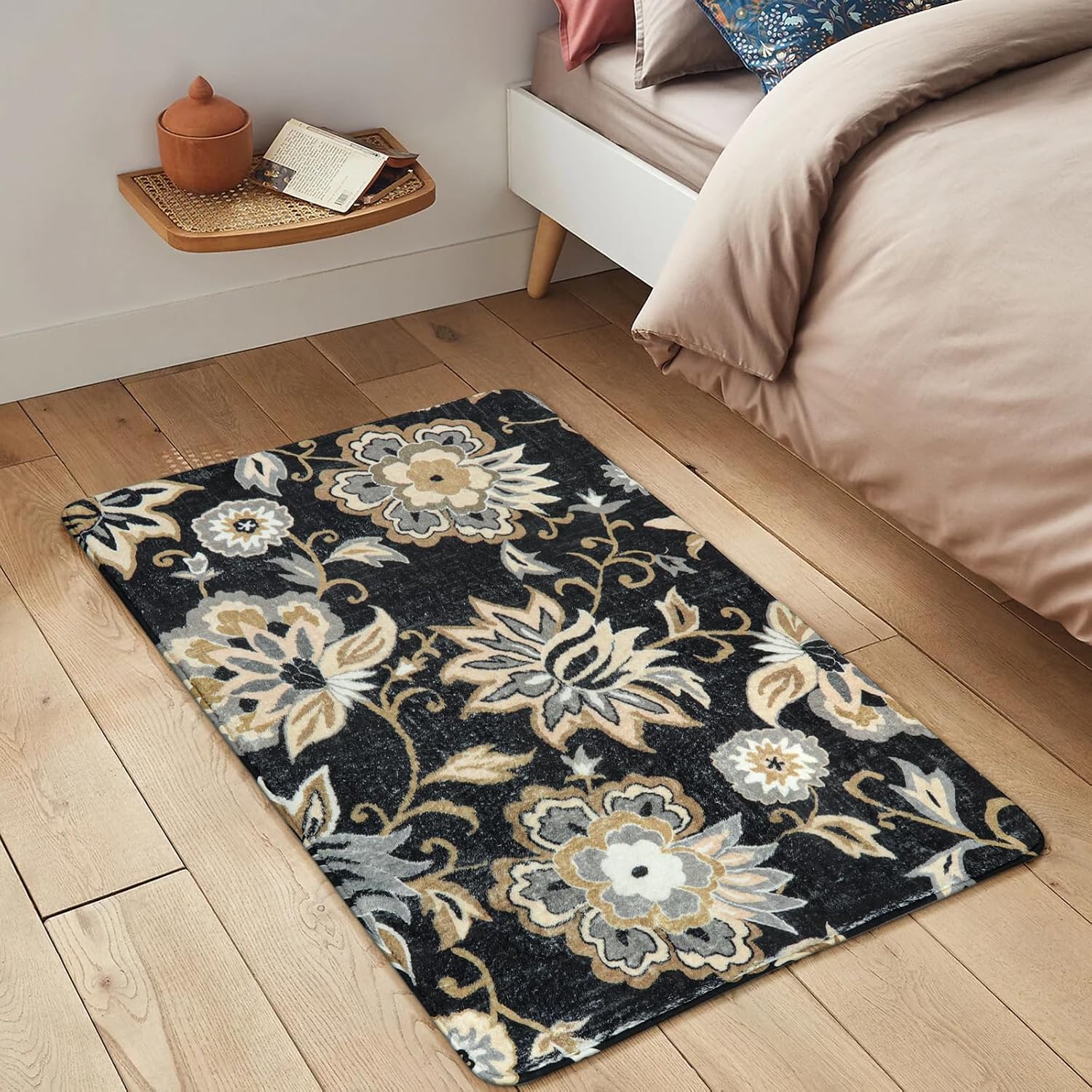 Lahome Black Floral Washable Non Slip Rug