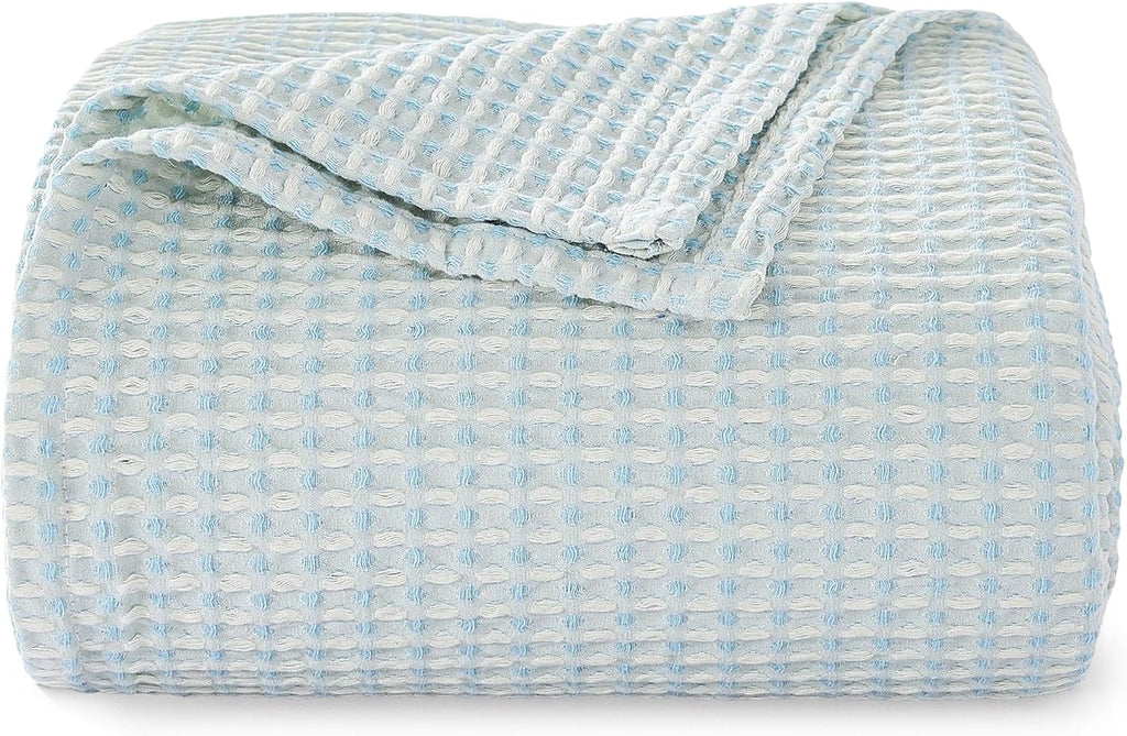Light Blue White Two-Tone Waffle Cotton Throw Blanket