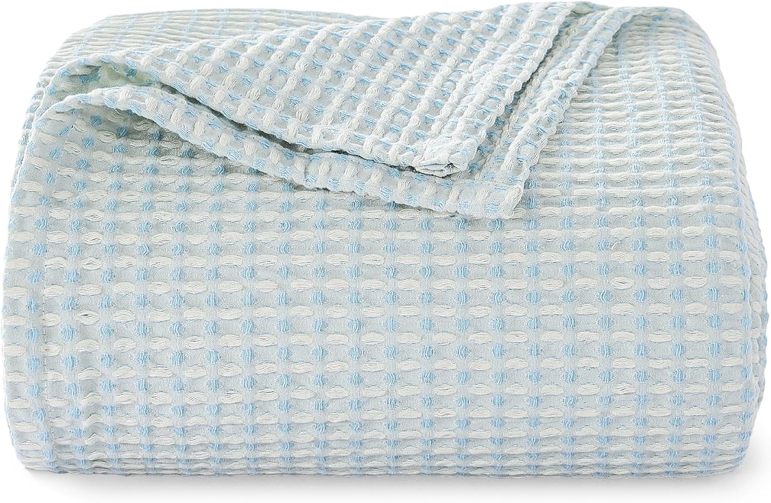 Light Blue White Two-Tone Waffle Cotton Throw Blanket