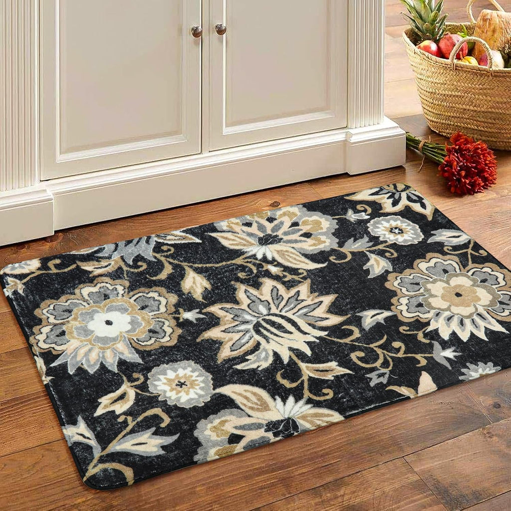 Lahome Black Floral Washable Non Slip Rug