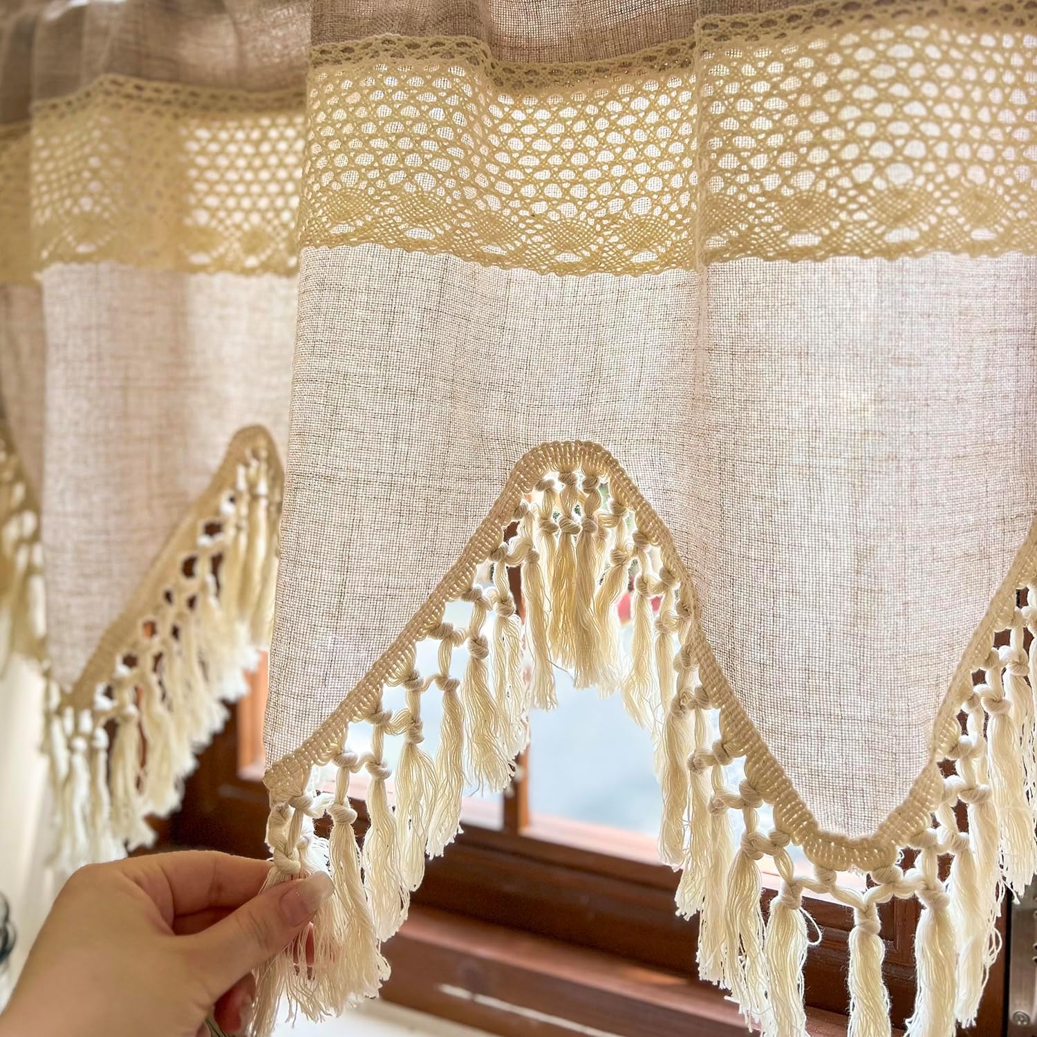 Beige Tassel Crochet Linen Boho Window Valance