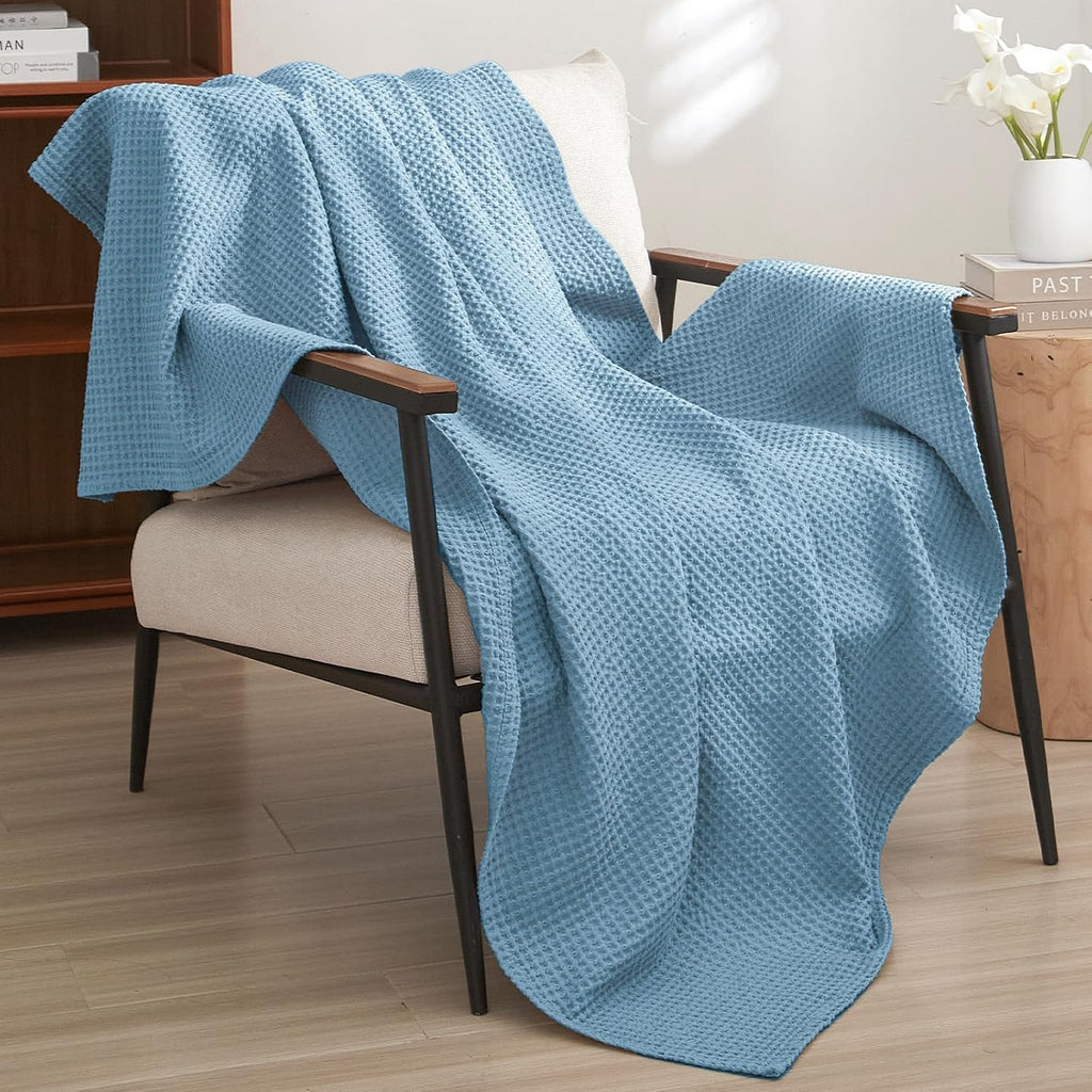 PHF Dusty Blue Waffle Weave Cotton Throw Blanket