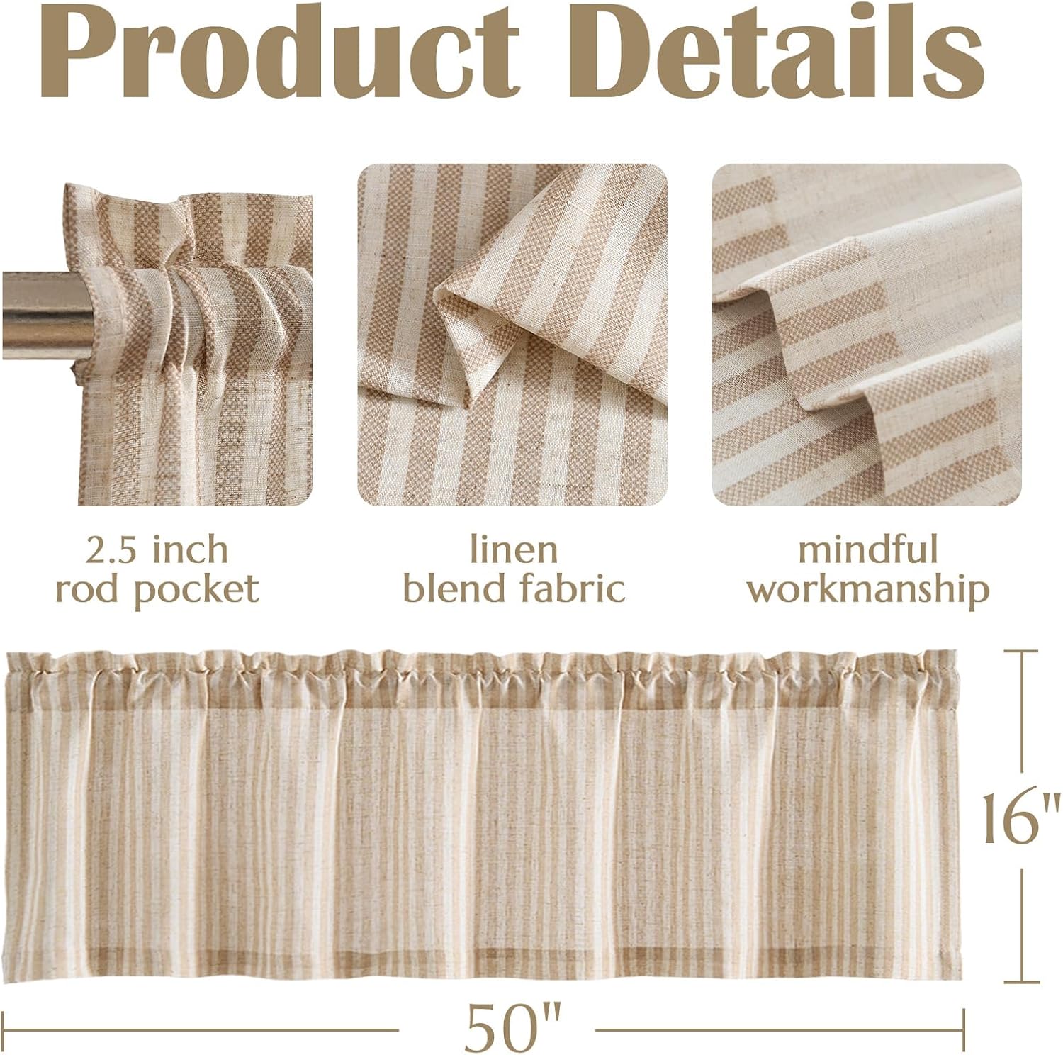 Tan Striped Linen Farmhouse Window Valance