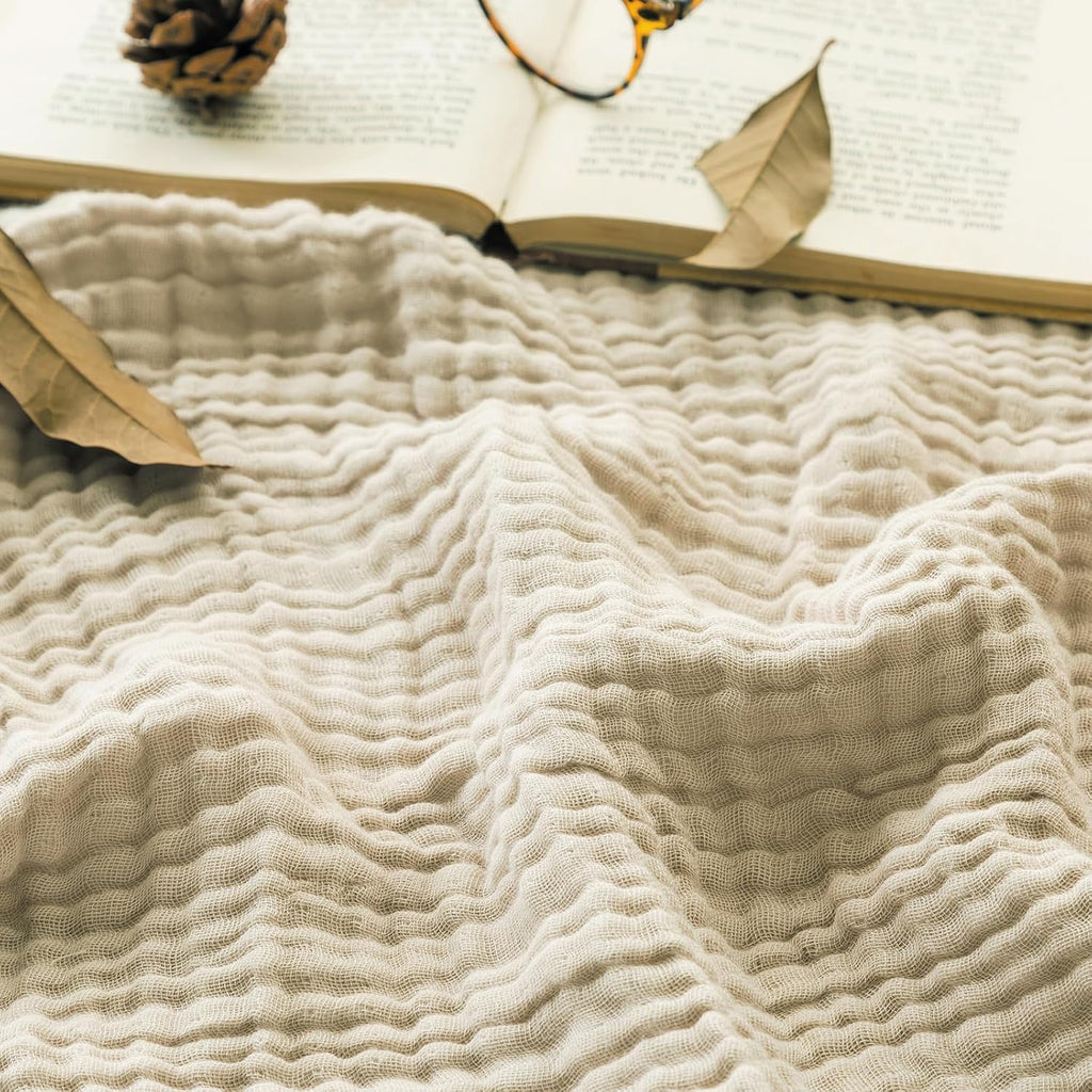 Beige 4-Layer Muslin Cotton Throw Blanket