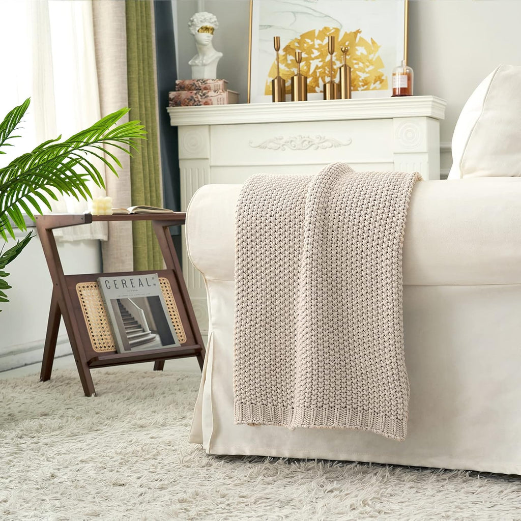 Longhui Beige Organic Cable Knit Throw Blanket