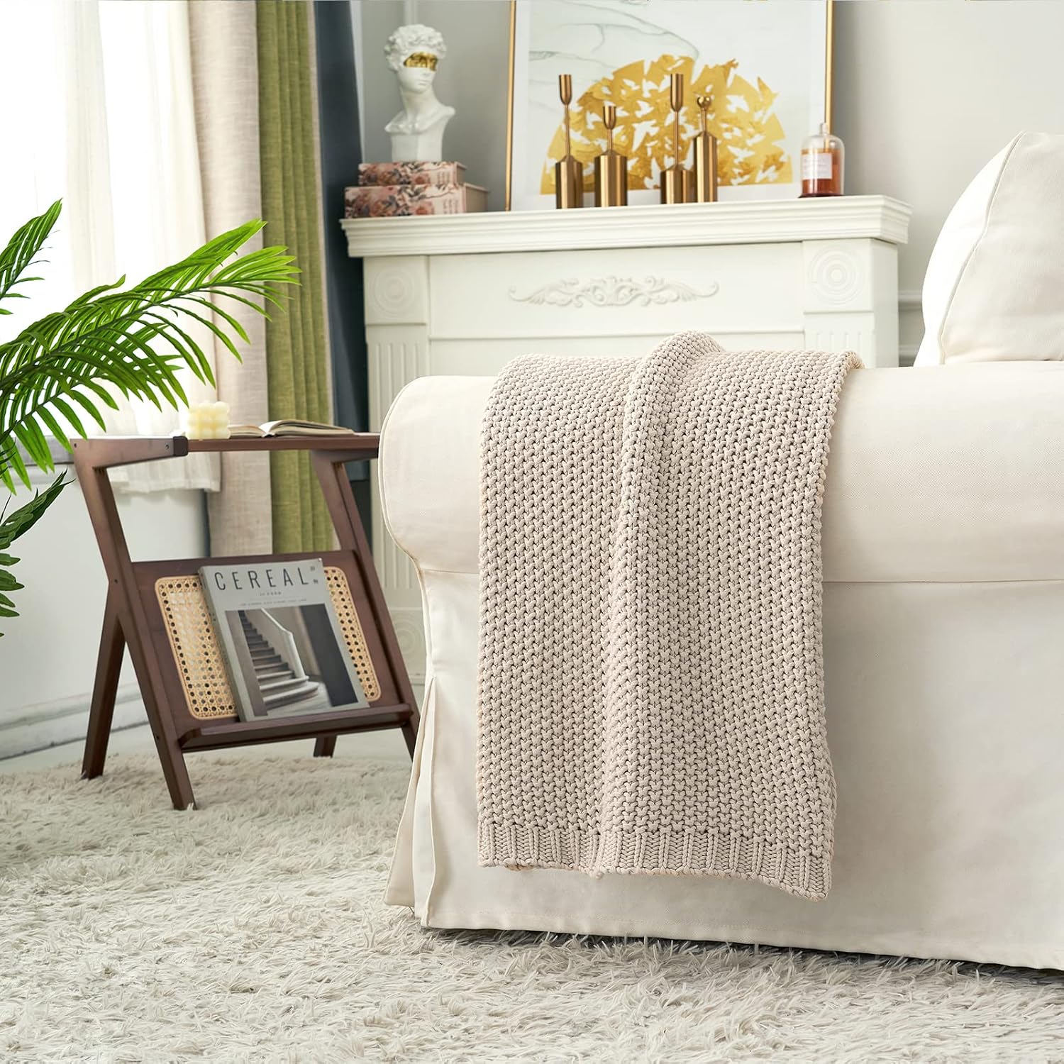 Longhui Beige Organic Cable Knit Throw Blanket
