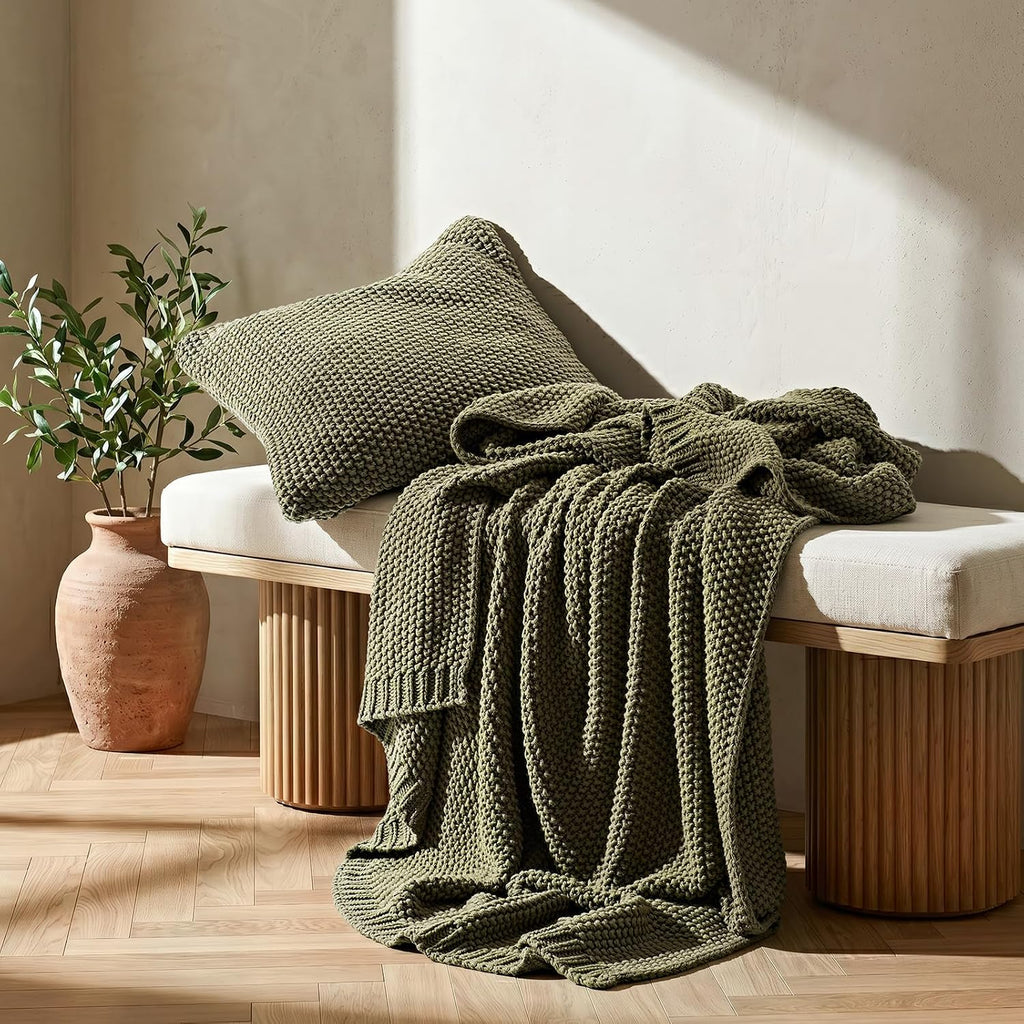 Organic Cotton Olive Knit Throw Blanket