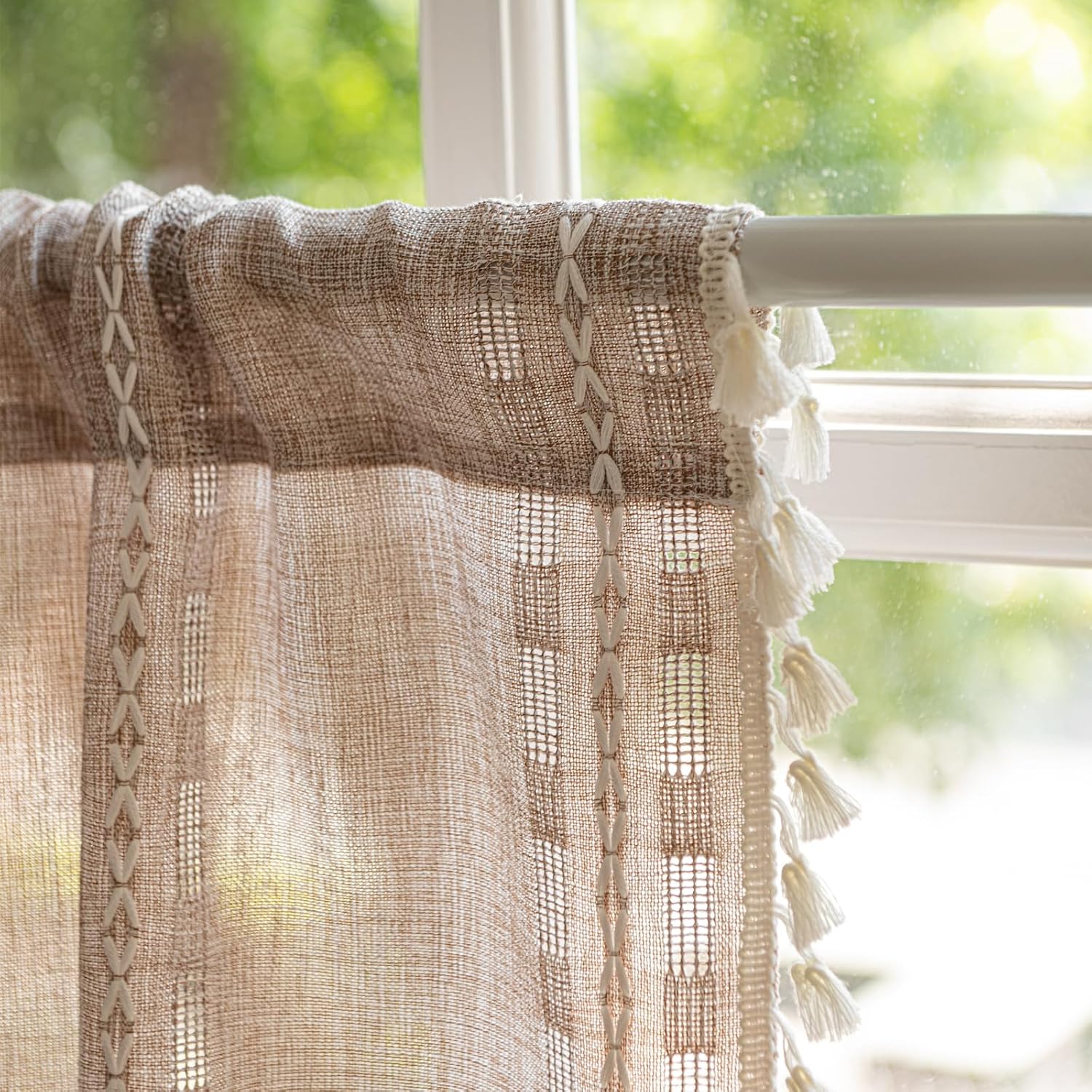 Natural Tassel Striped Linen Boho Kitchen Valance