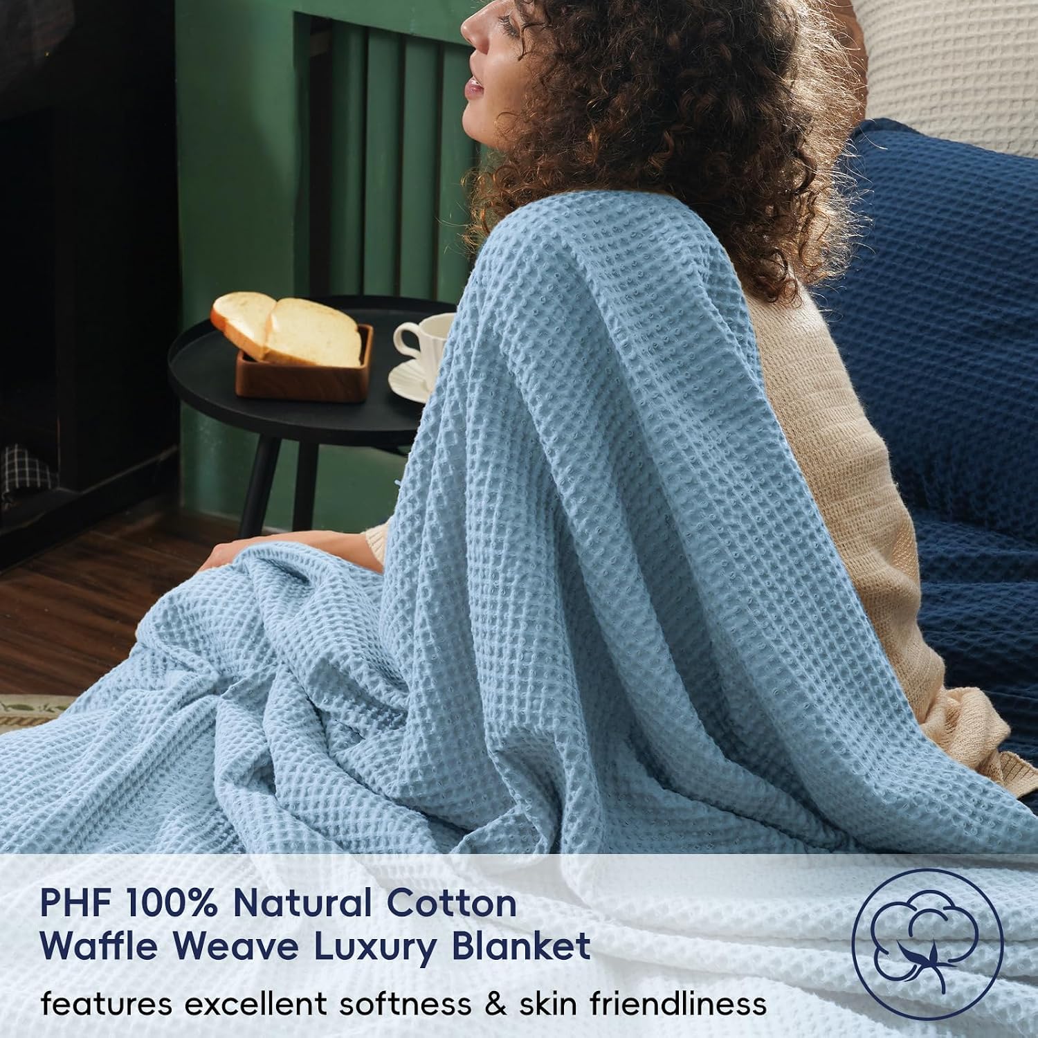 PHF Dusty Blue Waffle Weave Cotton Throw Blanket