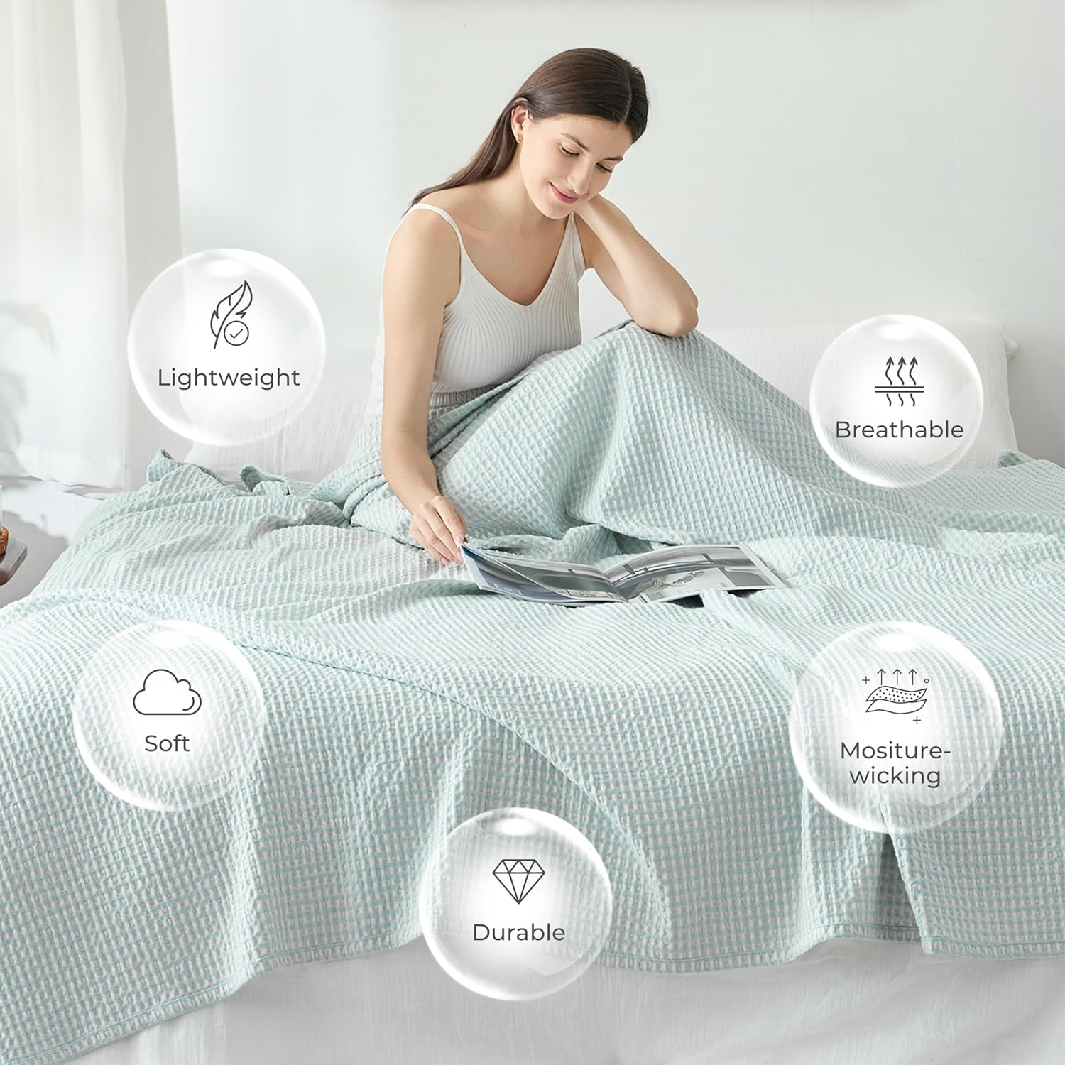 Light Blue White Two-Tone Waffle Cotton Throw Blanket