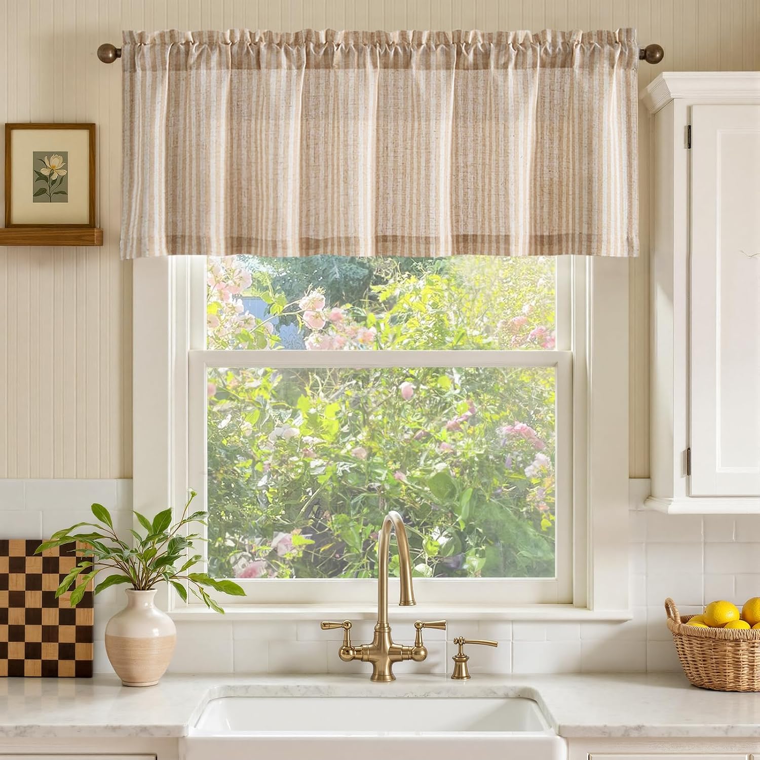 Tan Striped Linen Farmhouse Window Valance
