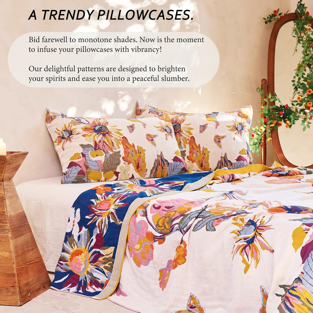Vanjoroy Organic Cotton Bird Floral Pillowcases Set
