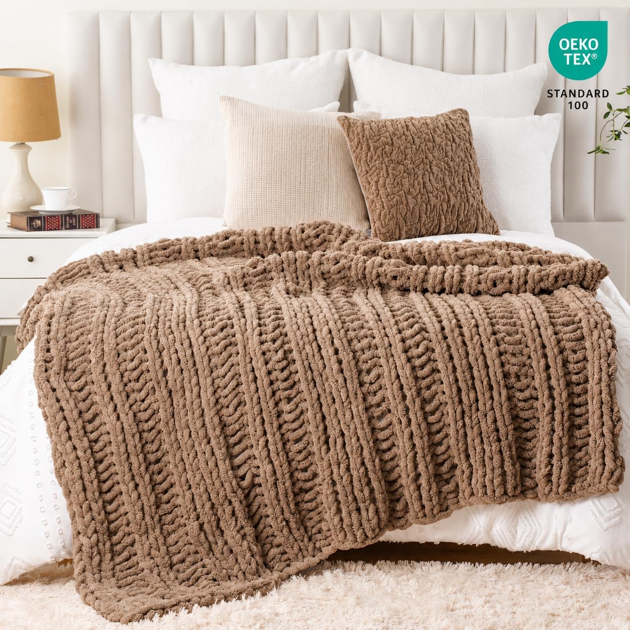 Battilo Taupe Chunky Chenille Knit Throw Blanket