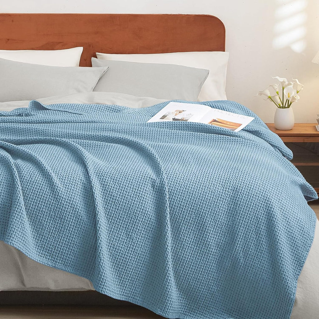 PHF Dusty Blue Waffle Weave Cotton Throw Blanket